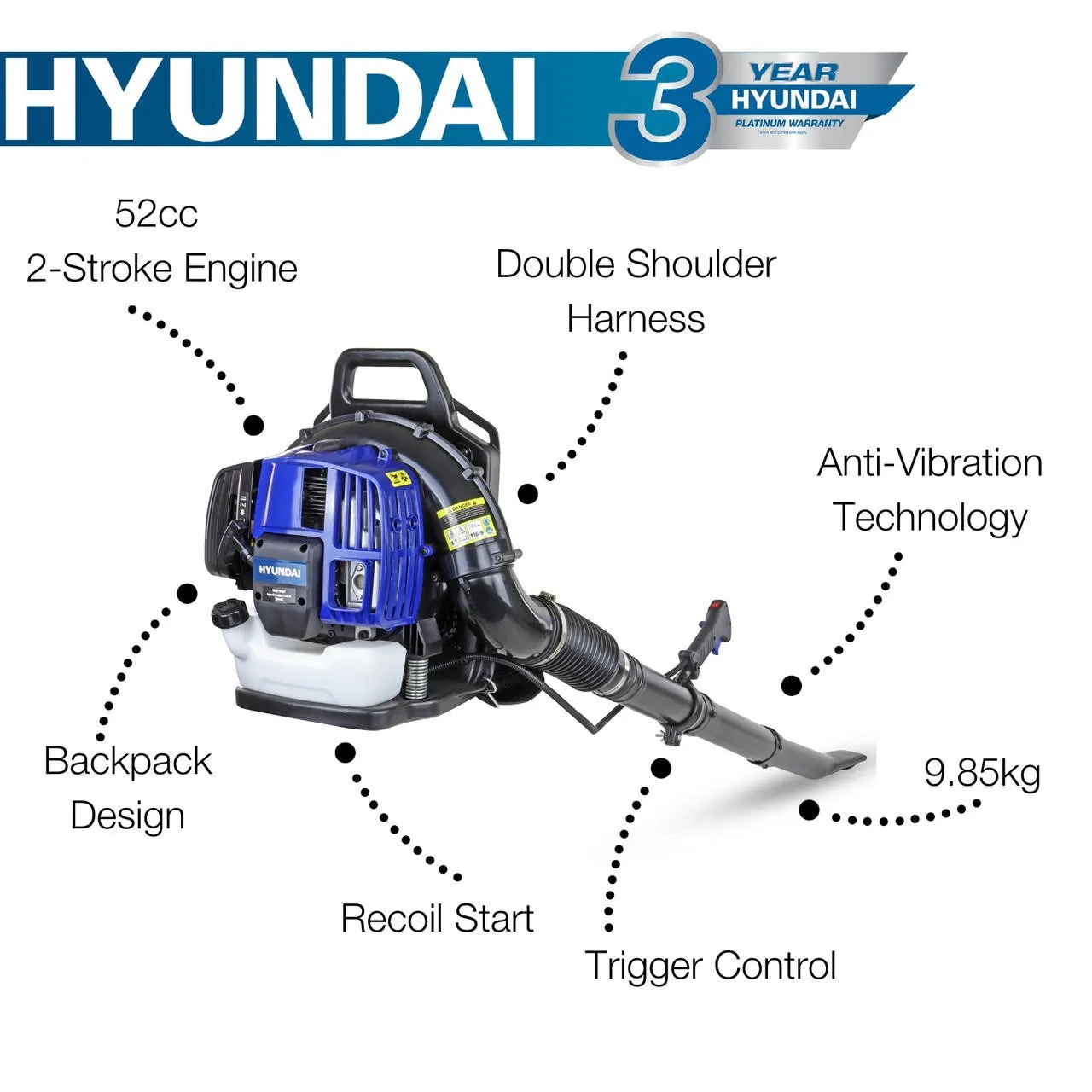 Hyundai HYB5200 52cc 2-Stroke Backpack Petrol Leaf Blower