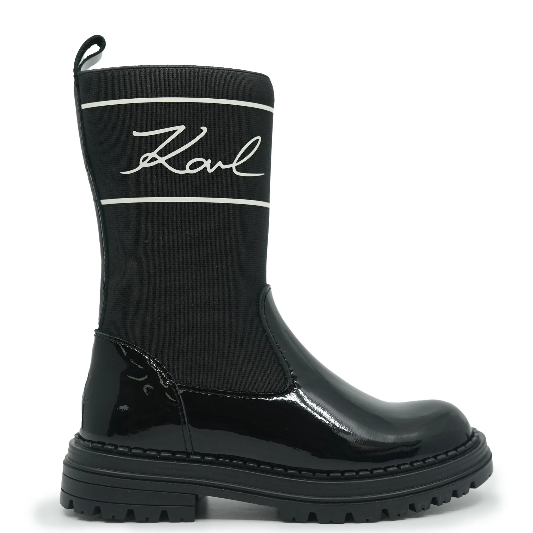 Karl Lagerfeld Black Patent and Elastic Logo Boot