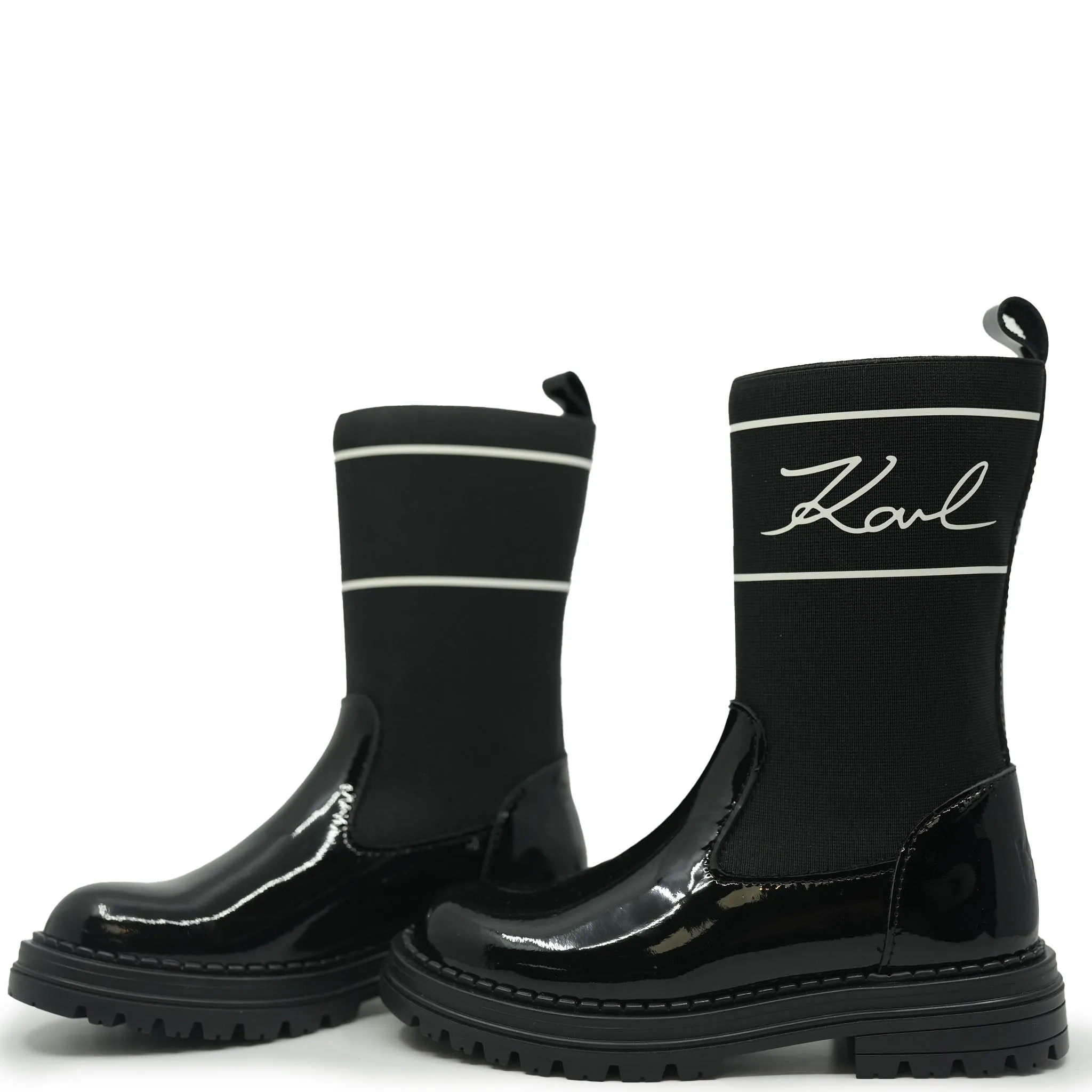 Karl Lagerfeld Black Patent and Elastic Logo Boot