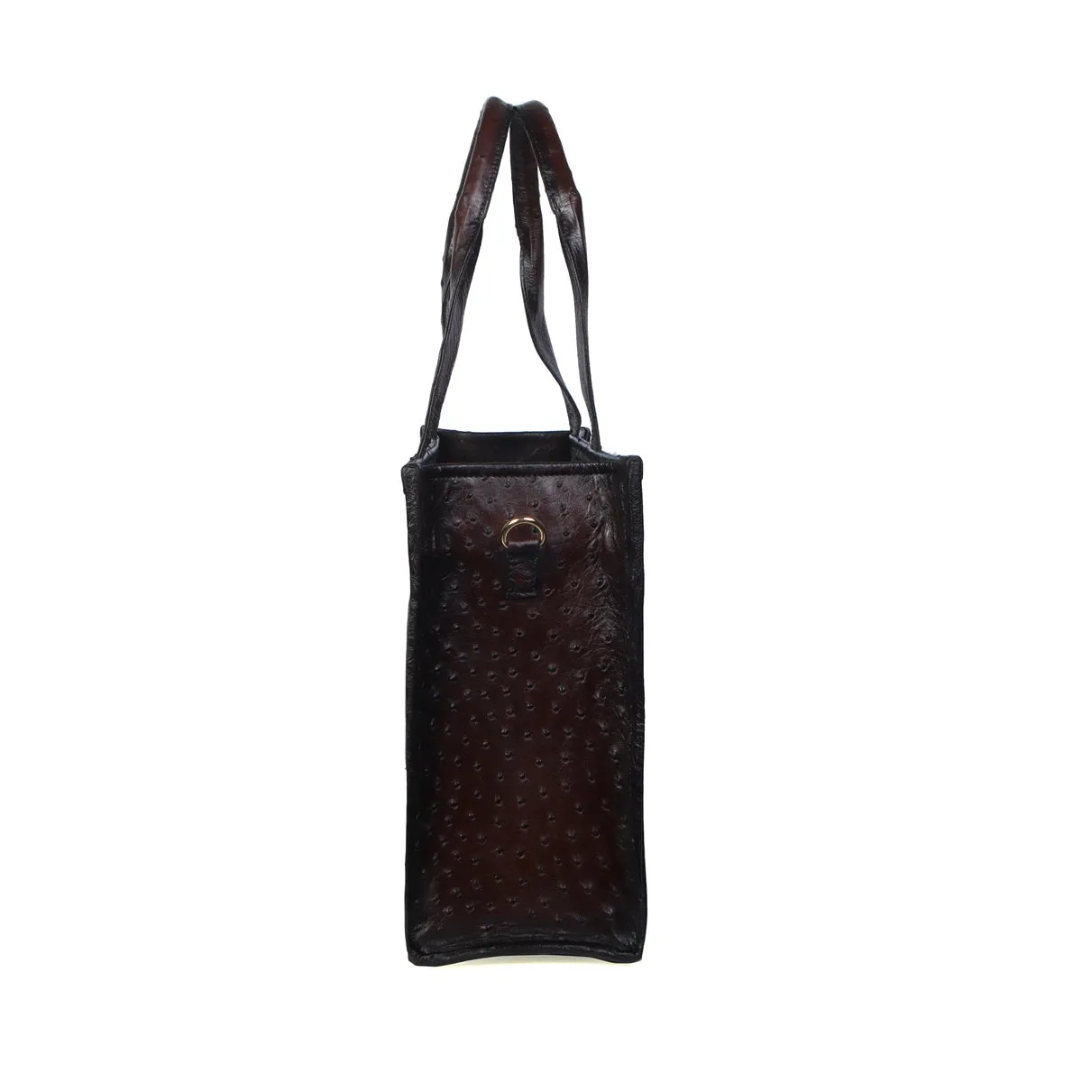 Ladies Large Dark Brown Hand Bag with Customized Metal Initial in Real Ostrich Leather