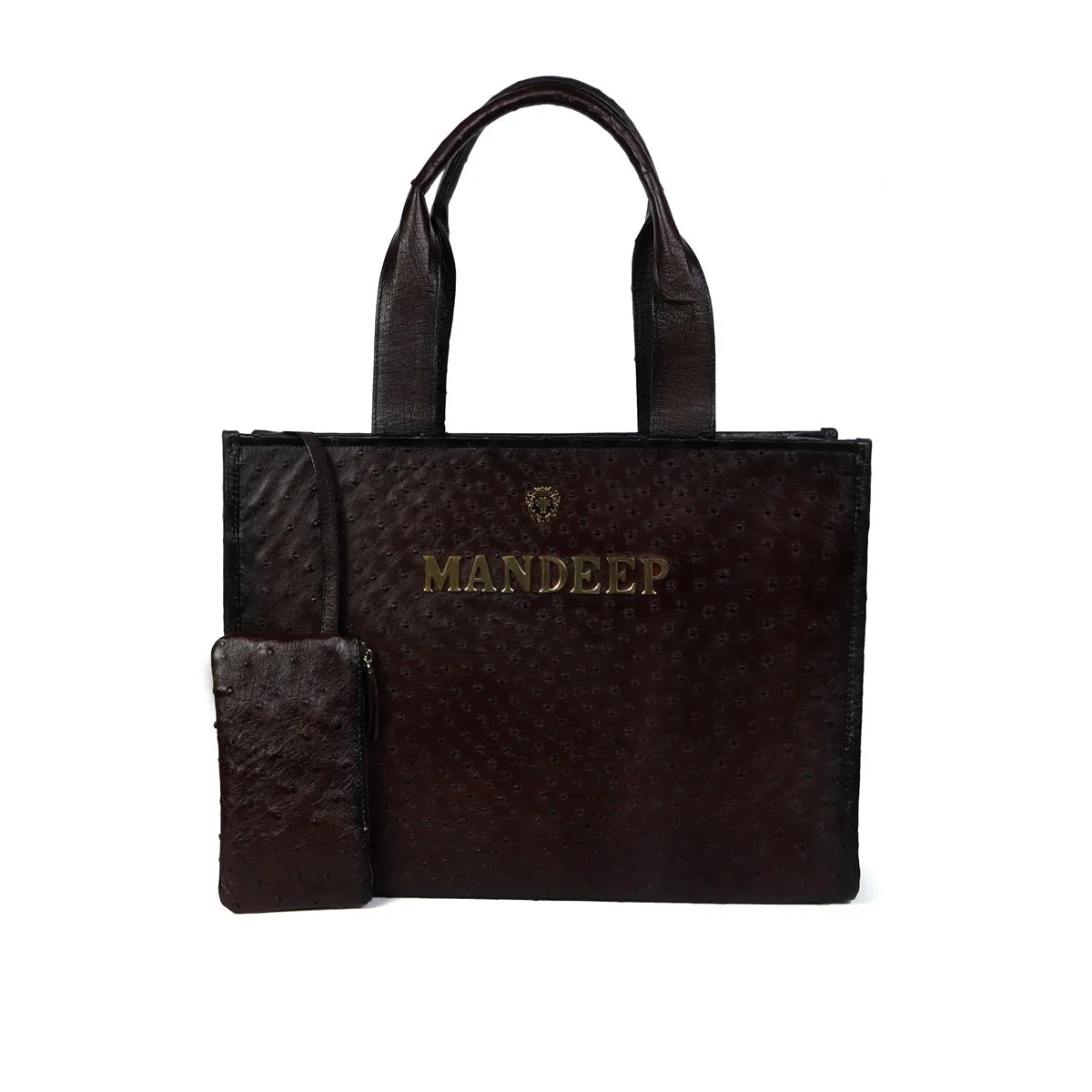 Ladies Large Dark Brown Hand Bag with Customized Metal Initial in Real Ostrich Leather