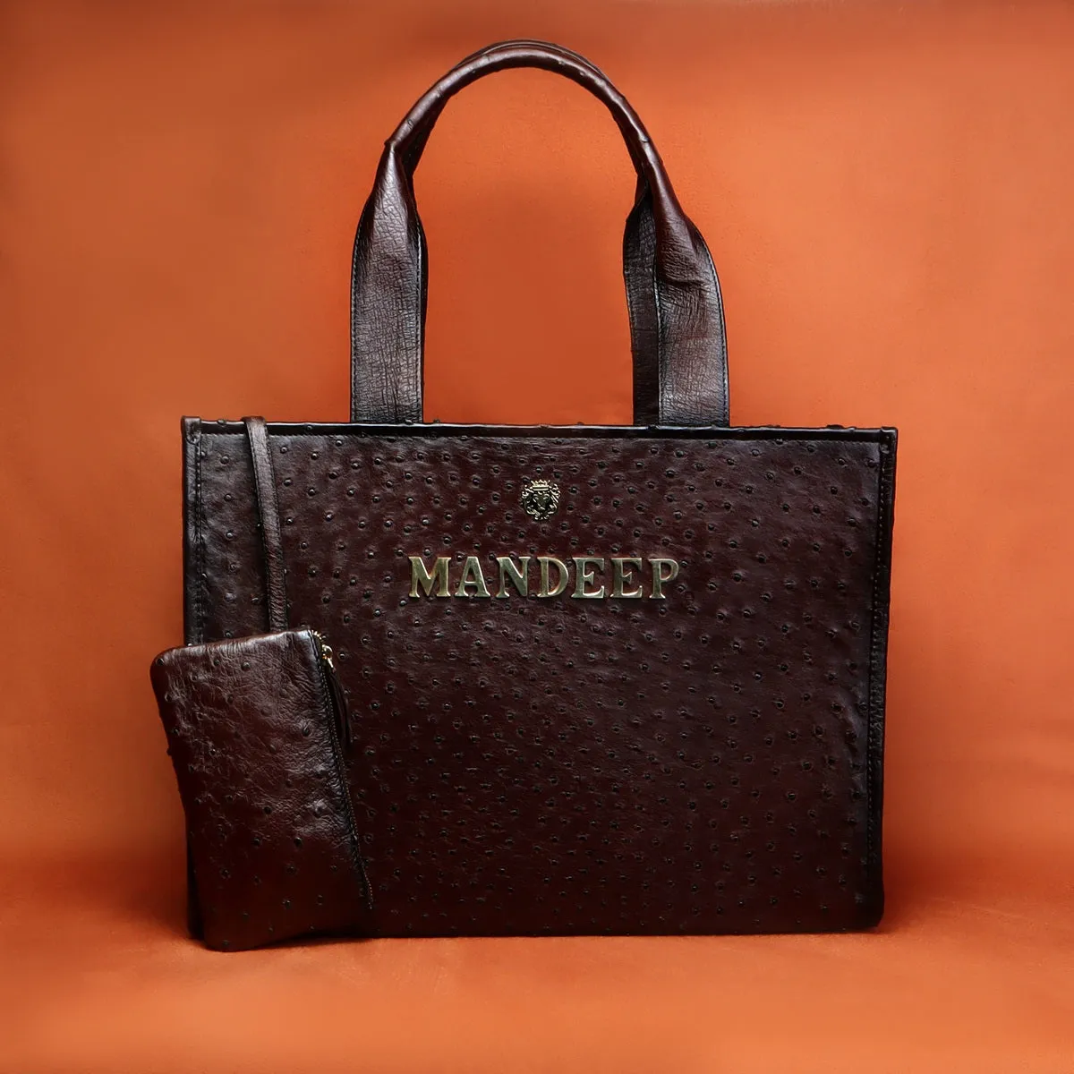 Ladies Large Dark Brown Hand Bag with Customized Metal Initial in Real Ostrich Leather