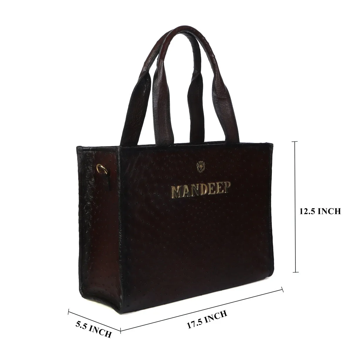 Ladies Large Dark Brown Hand Bag with Customized Metal Initial in Real Ostrich Leather