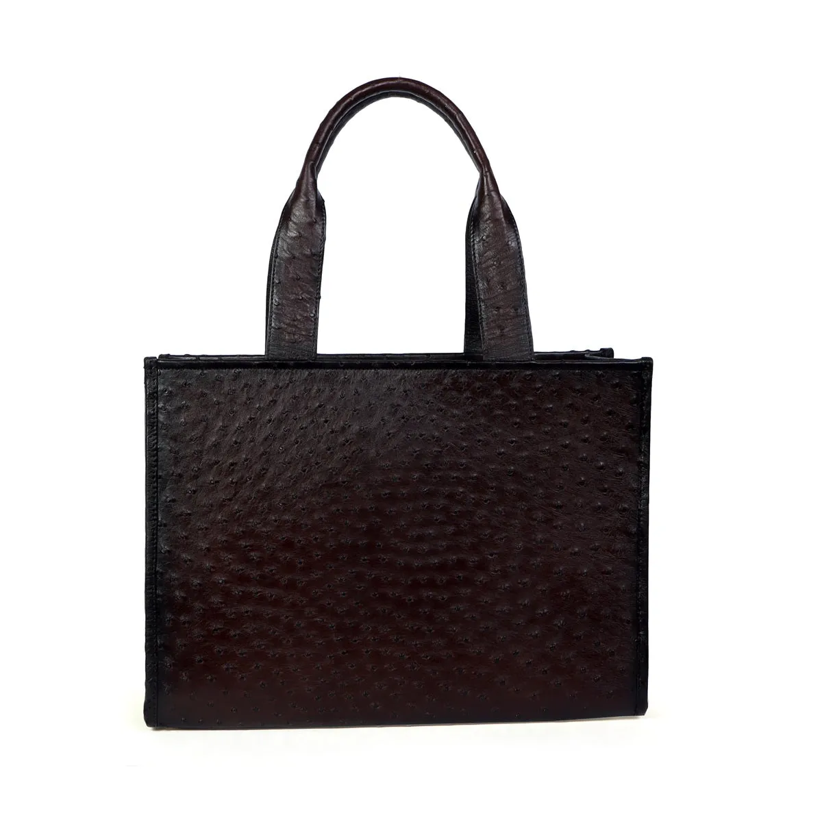 Ladies Large Dark Brown Hand Bag with Customized Metal Initial in Real Ostrich Leather