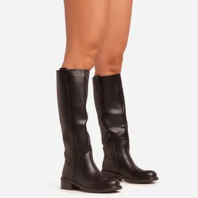 Lainey Panel Detail Knee High Long Flat Biker Boot In Black Faux Leather