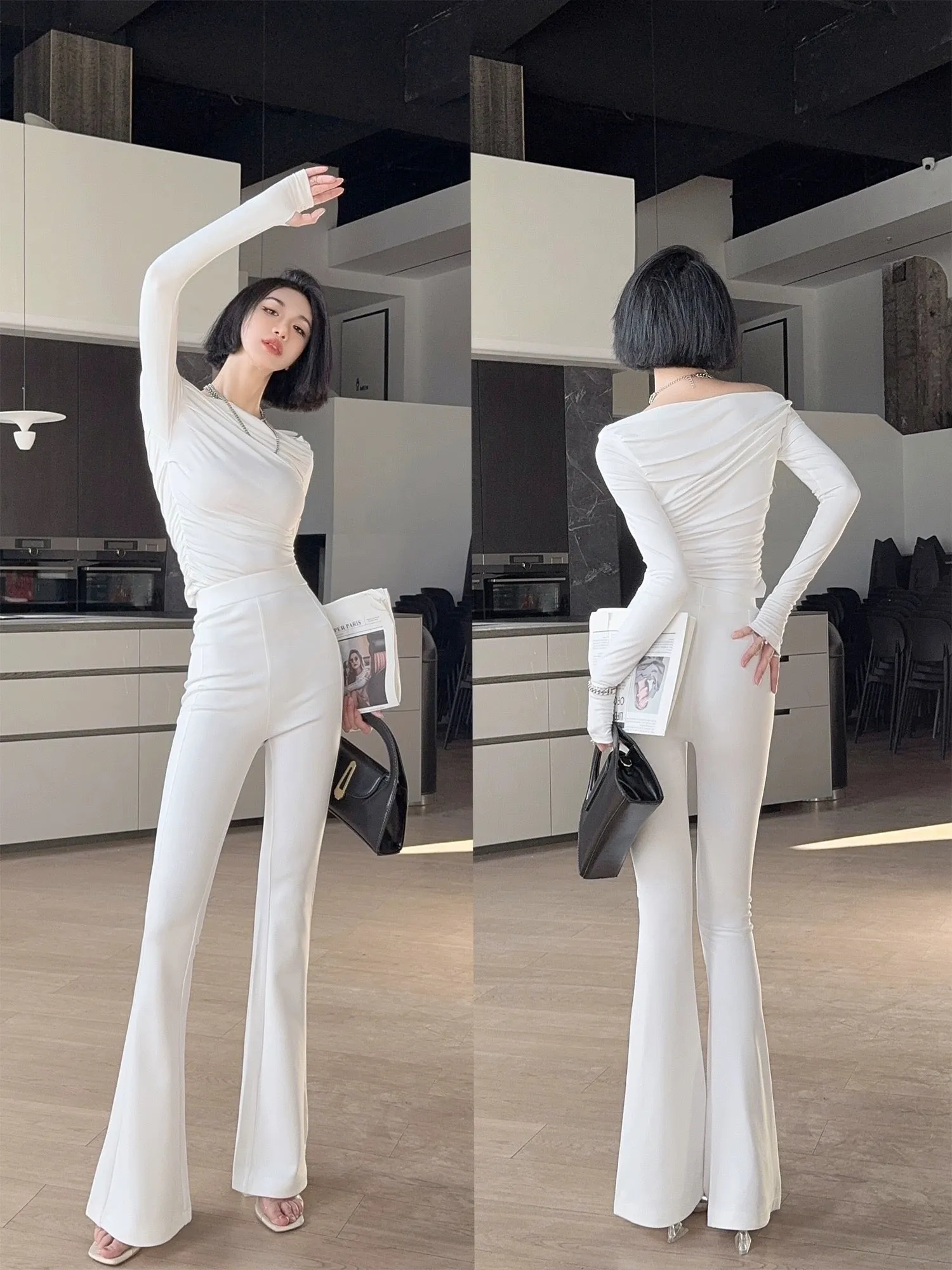 Light fabric tone tall trousers New Year elastic floor-length drapey wide-legged high-waisted slim white large bell-bottomed tro