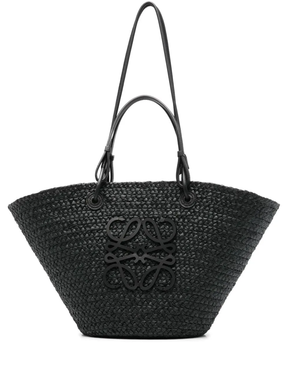 LOEWE Elegant Black Raffia Basket Handbag with Leather Trims - 24.5x46x16 cm