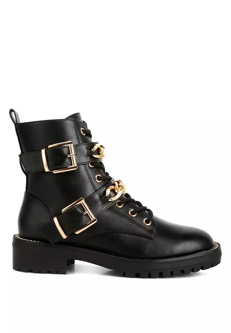 London Rag Atta Girl Metal Chain Detail Bike Boot in Black