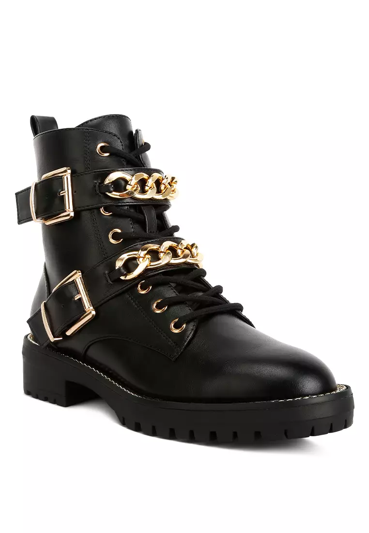 London Rag Atta Girl Metal Chain Detail Bike Boot in Black