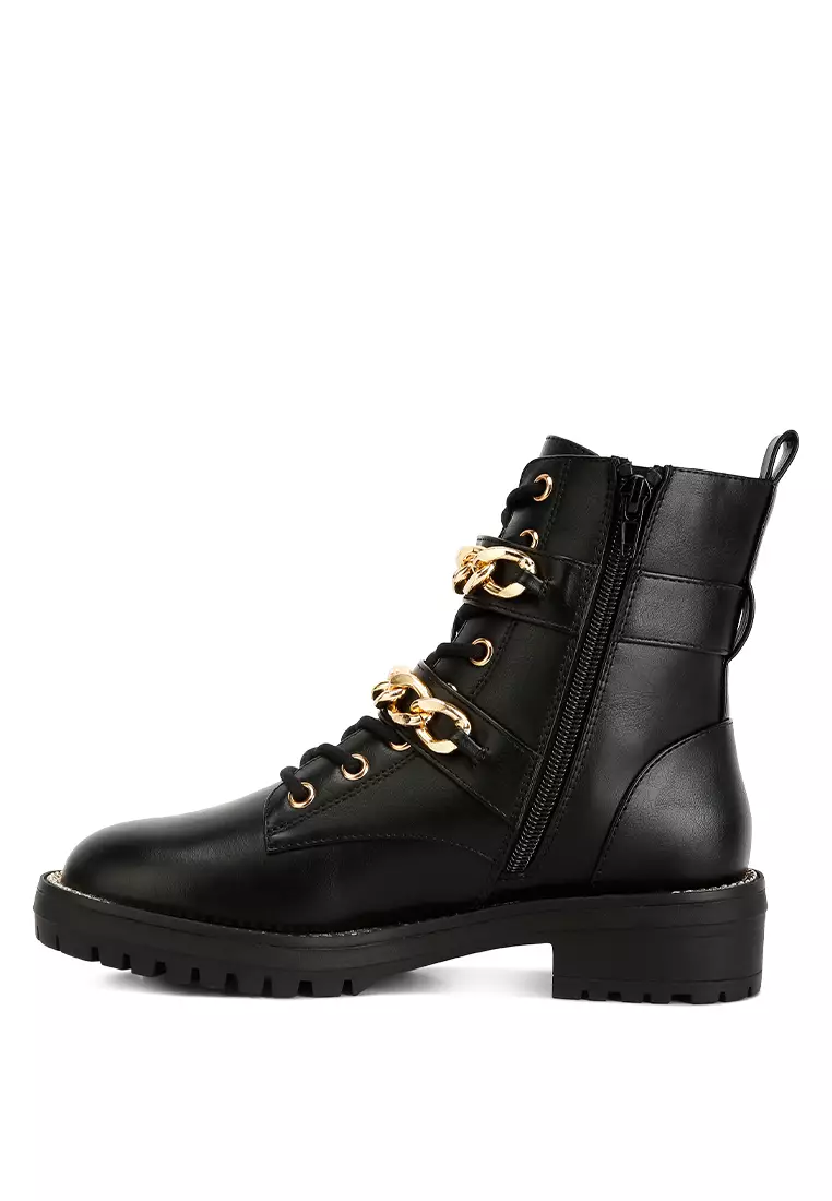 London Rag Atta Girl Metal Chain Detail Bike Boot in Black