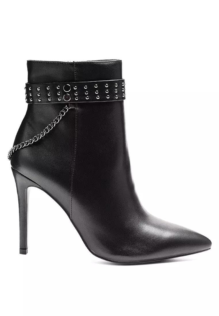 London Rag Faux Leather Stud Strap Detail Stiletto Boot in Black