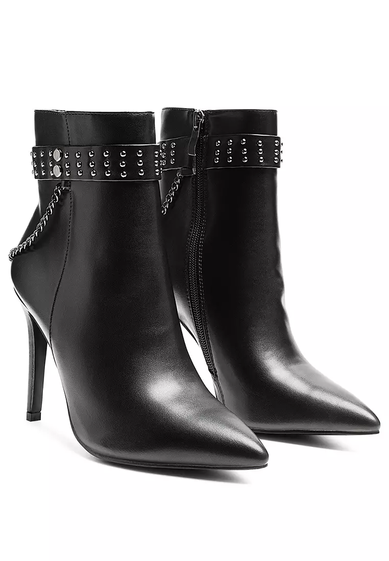 London Rag Faux Leather Stud Strap Detail Stiletto Boot in Black