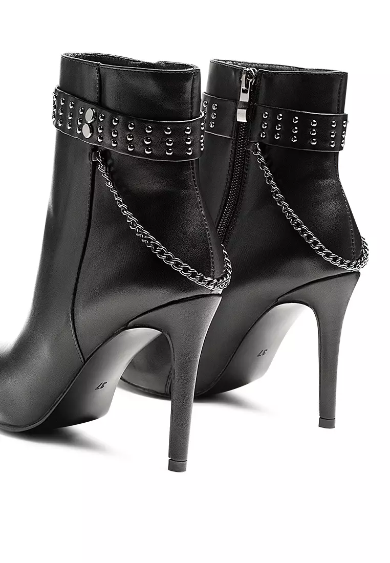 London Rag Faux Leather Stud Strap Detail Stiletto Boot in Black