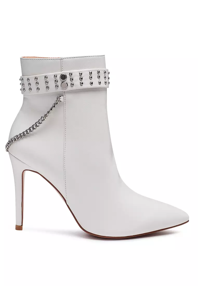 London Rag Faux Leather Stud Strap Detail Stiletto Boot in White