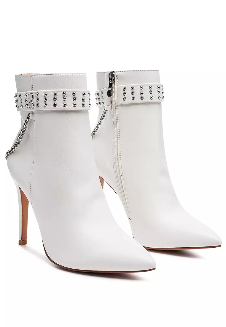 London Rag Faux Leather Stud Strap Detail Stiletto Boot in White