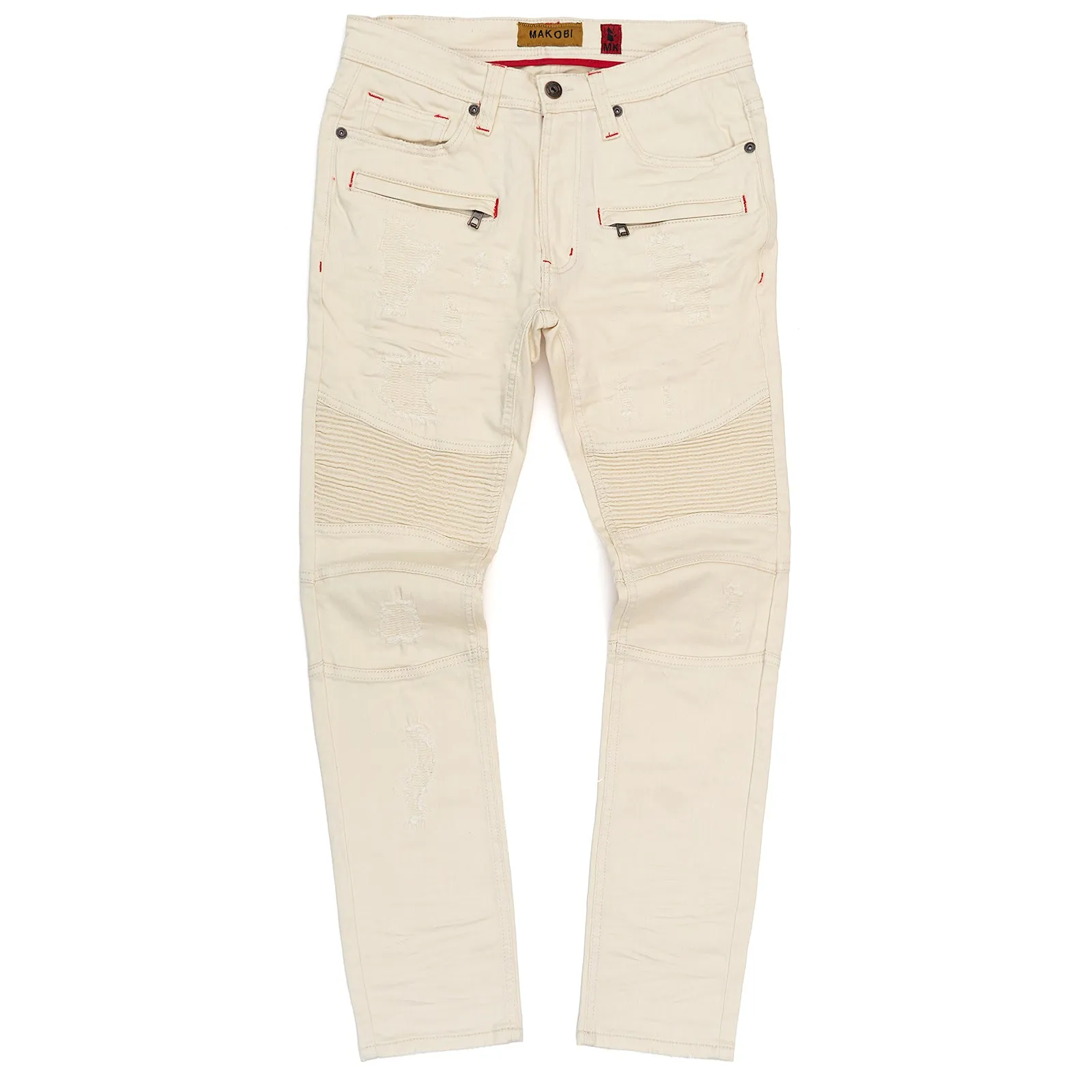 M1786 Makobi Prado Biker Jeans with Rip & Repair - Natural