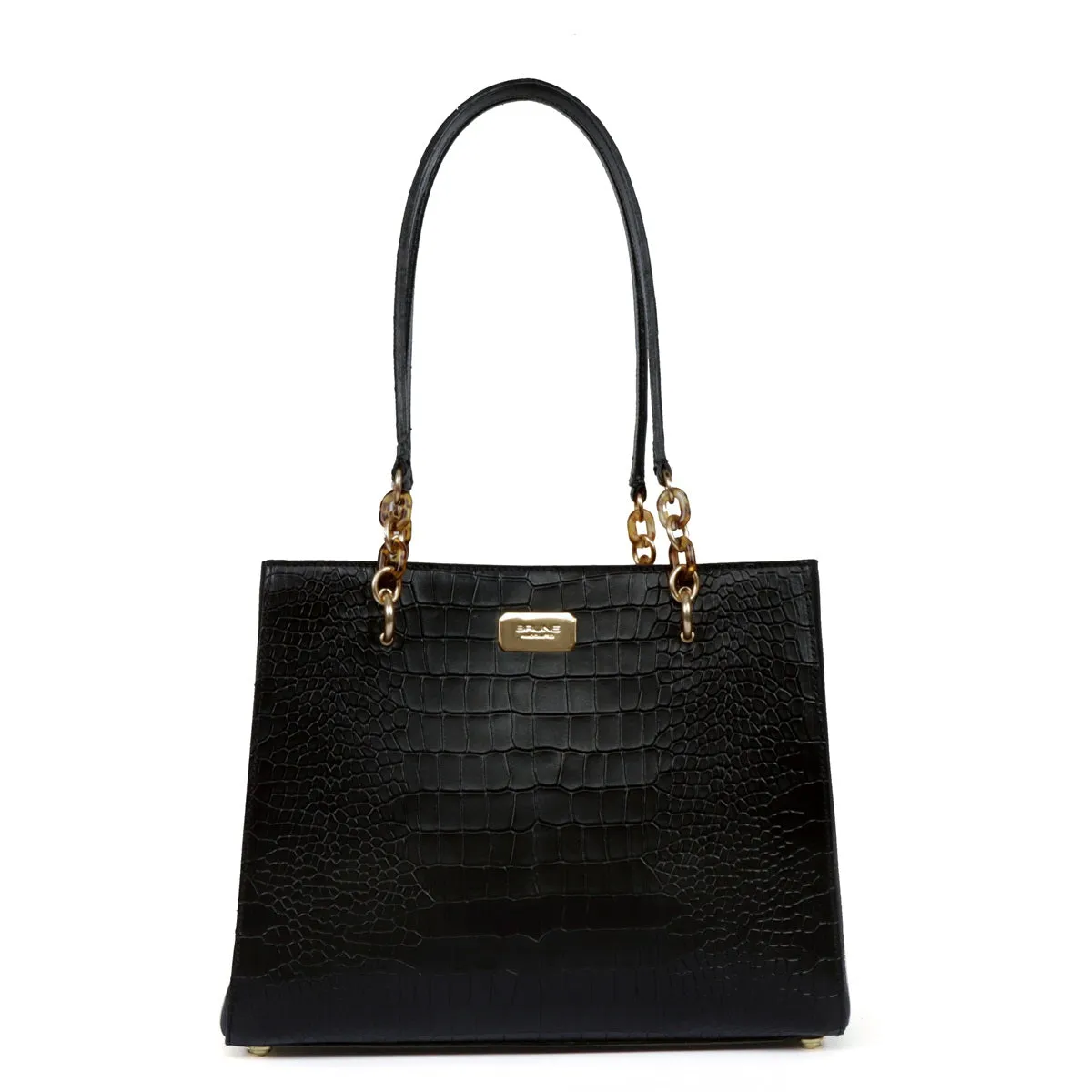 Medium Sized Hand Bag In Croco Deep Cut Textured Black Leather