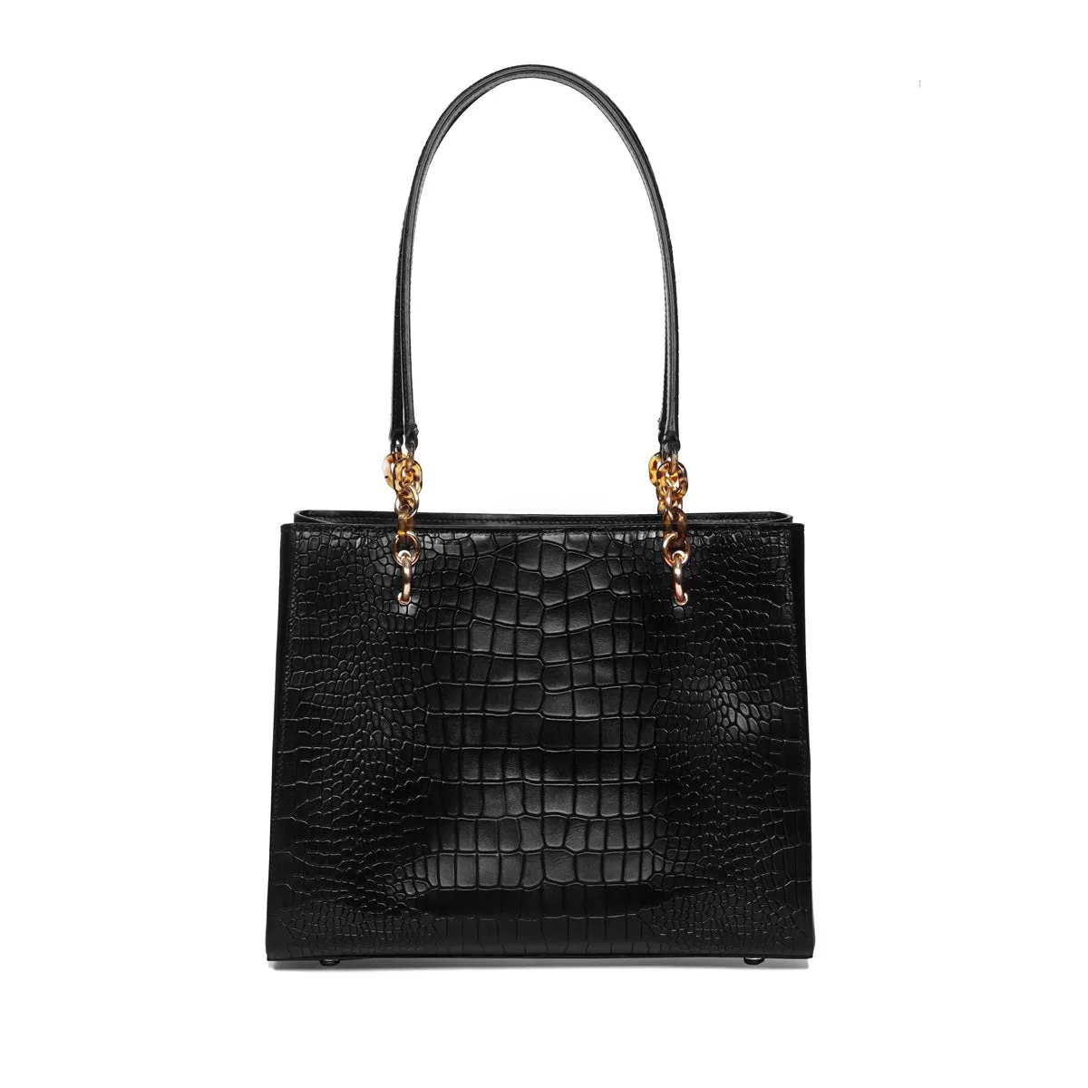 Medium Sized Hand Bag In Croco Deep Cut Textured Black Leather