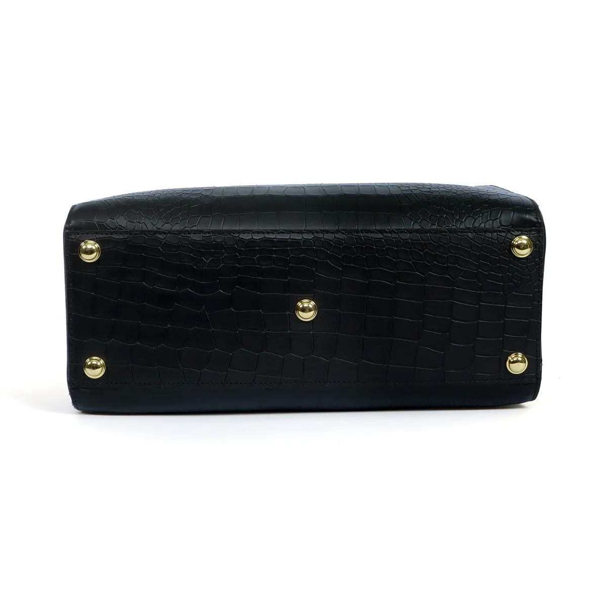 Medium Sized Hand Bag In Croco Deep Cut Textured Black Leather