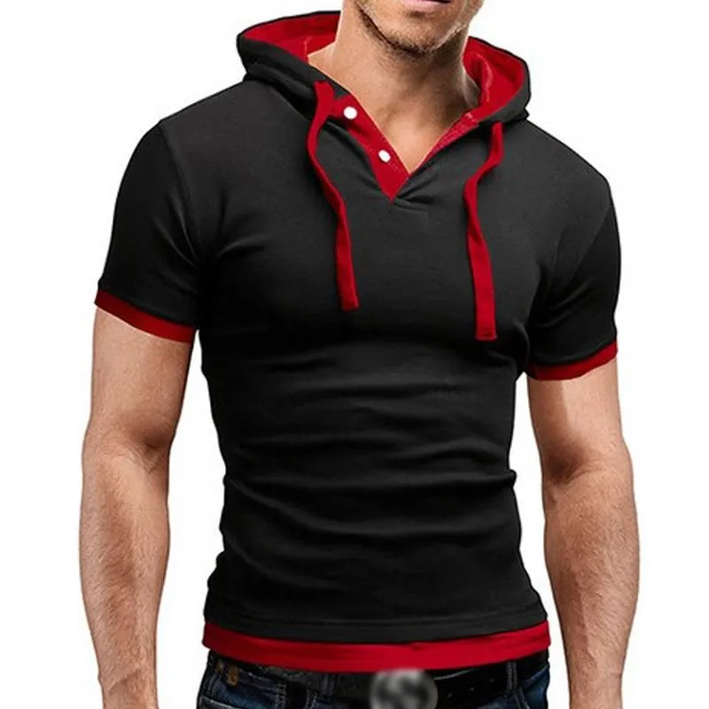 Men's Casual Contrast Color Thin Short-Sleeved Hoodie 80432553M