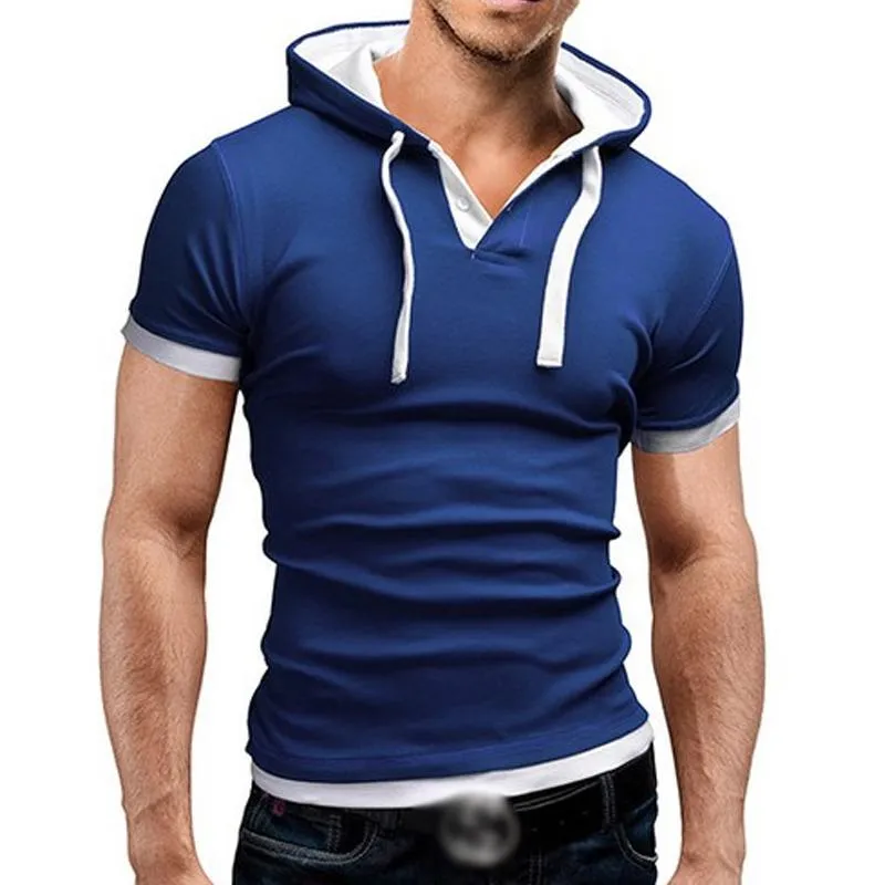 Men's Casual Contrast Color Thin Short-Sleeved Hoodie 80432553M