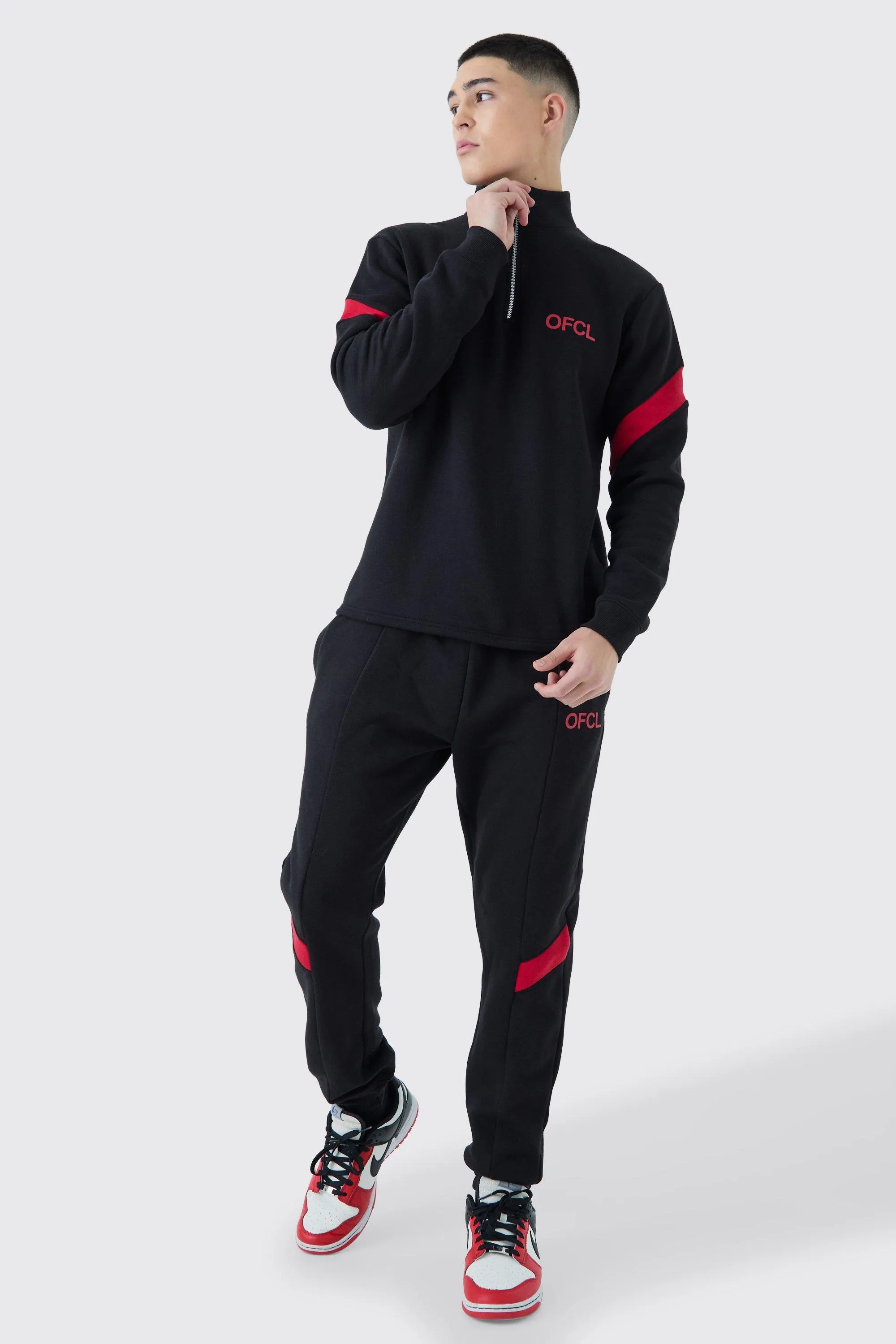 Ofcl Slim Fit Quarter Zip Colour Block Tracksuit | boohooMAN UK