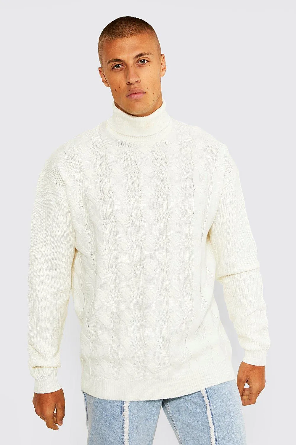 Oversized Roll Neck Cable Jumper | boohooMAN UK