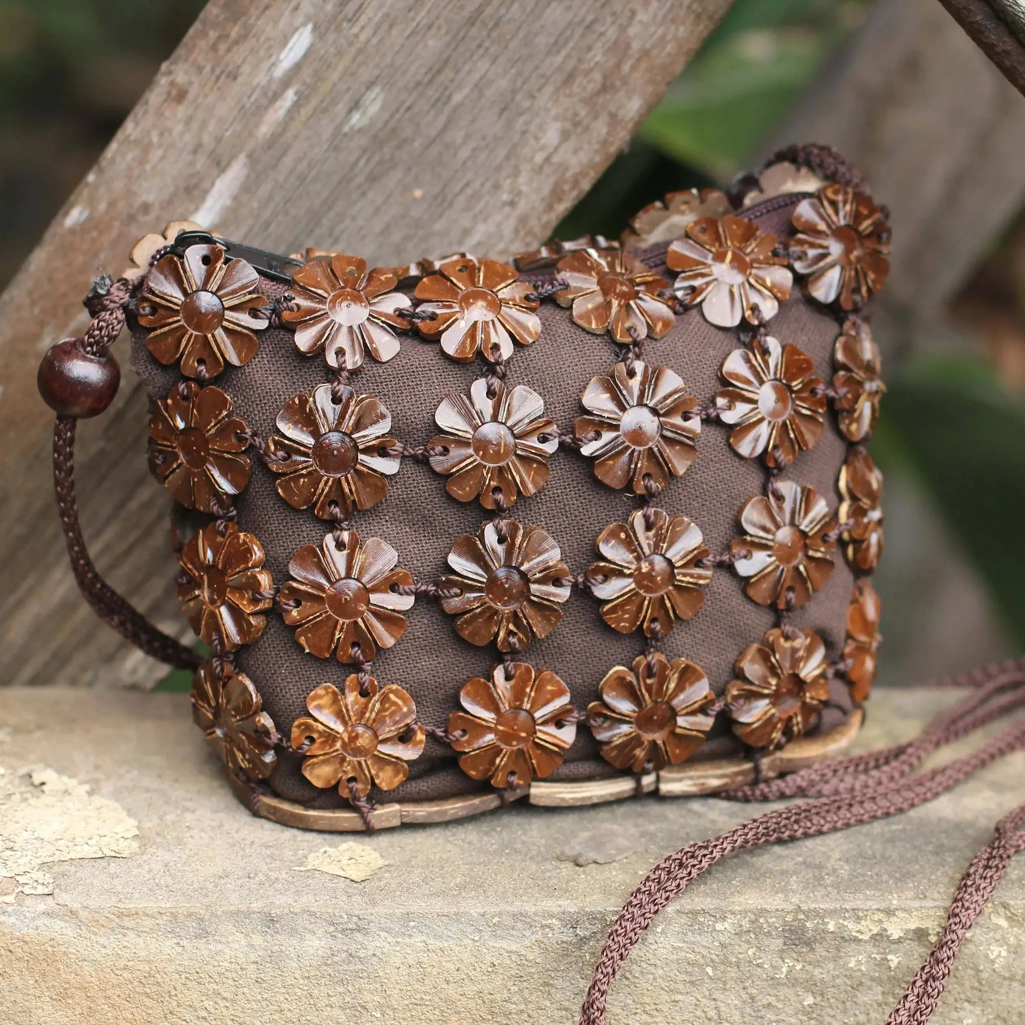 Petite Brown Daisies Unique Floral Coconut Shell Shoulder Bag