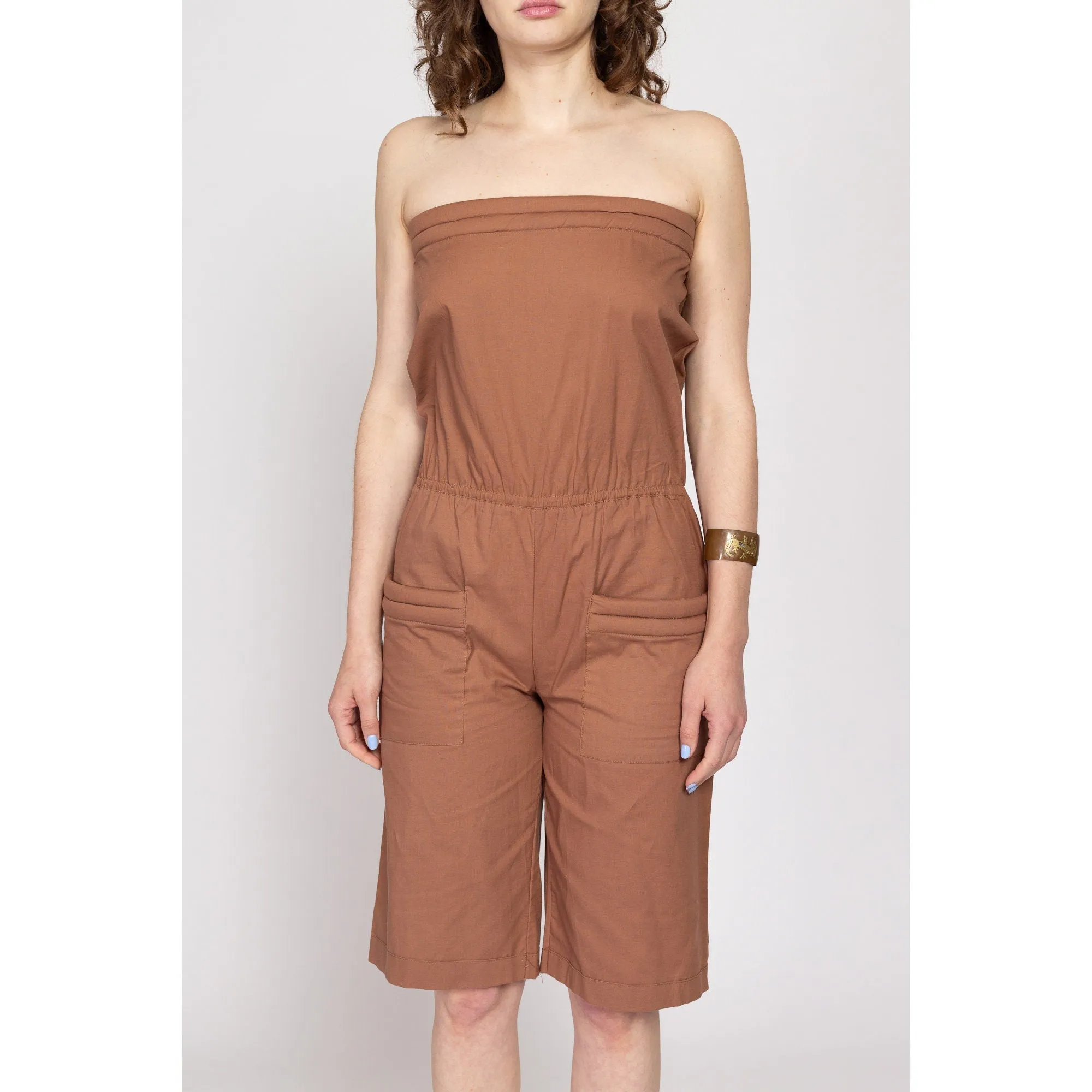 Petite Medium 90s Strapless Brown Cotton Romper