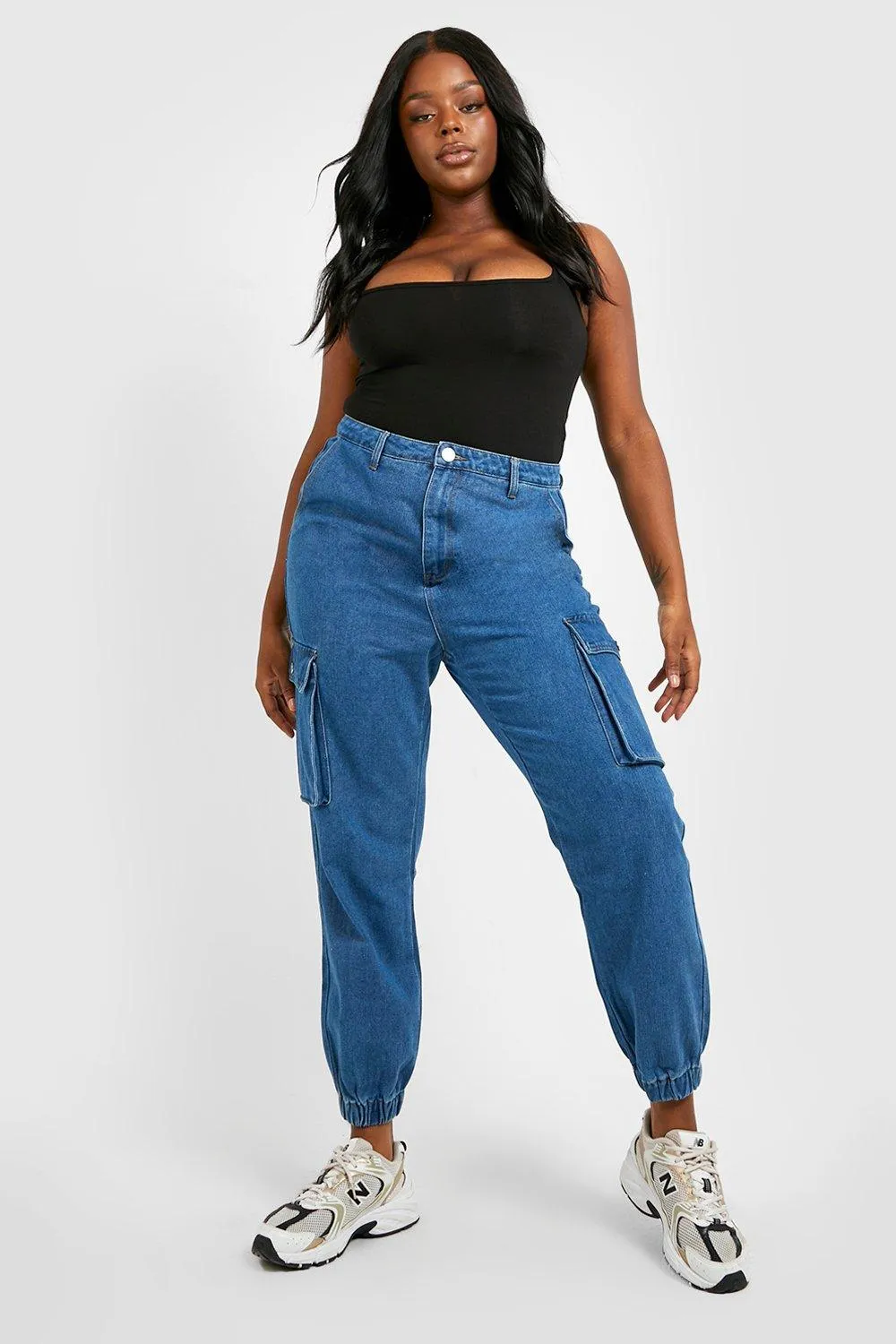 Plus High Waisted Denim Cargo Joggers