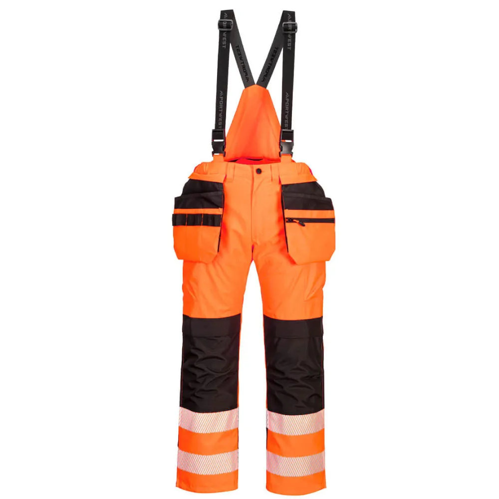 Portwest PW356 PW3 Hi-Vis Bib and Brace Waterproof Rain Trousers - Orange / Black - Large