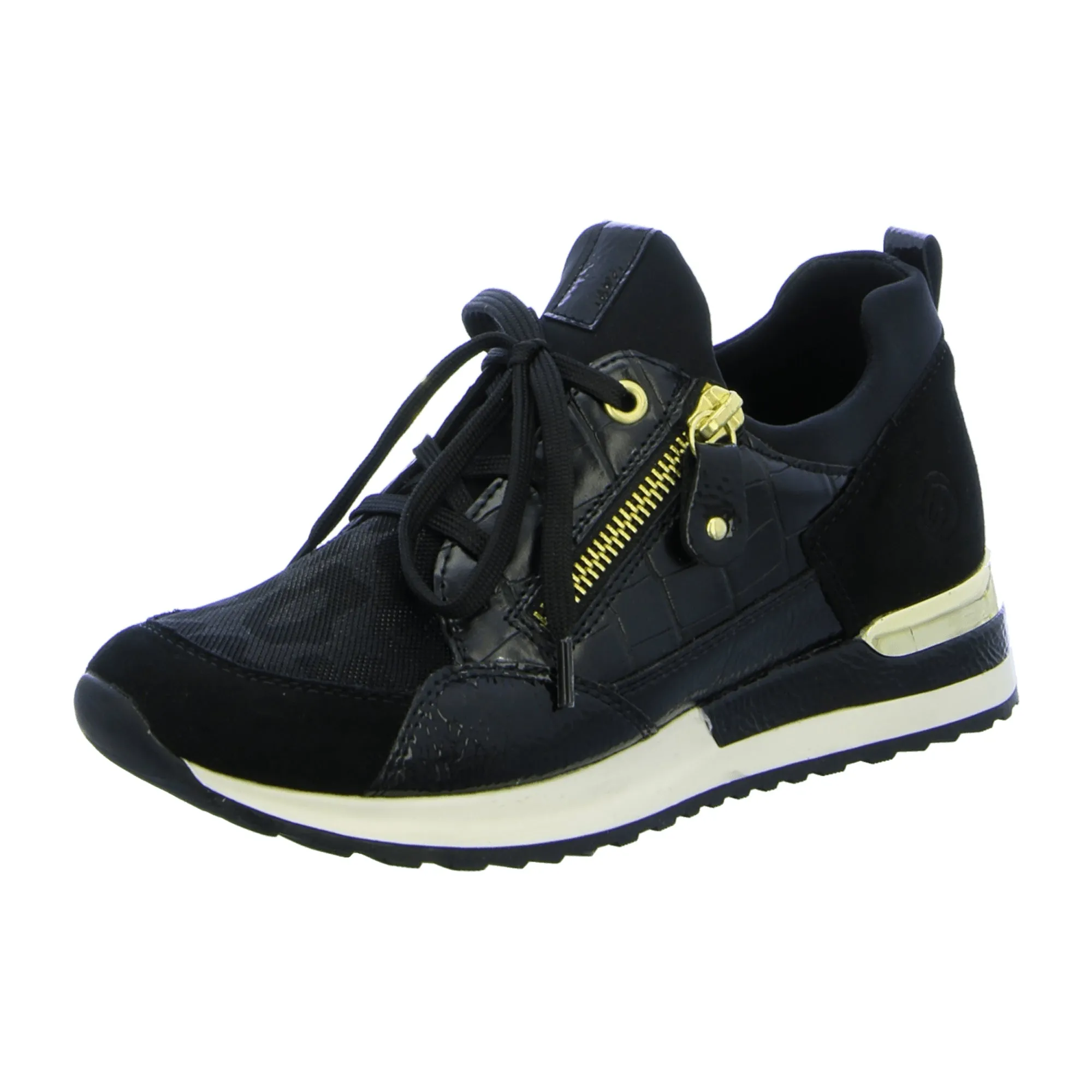 Remonte Black Women's Sneakers with Croc Pattern and Gold Accents