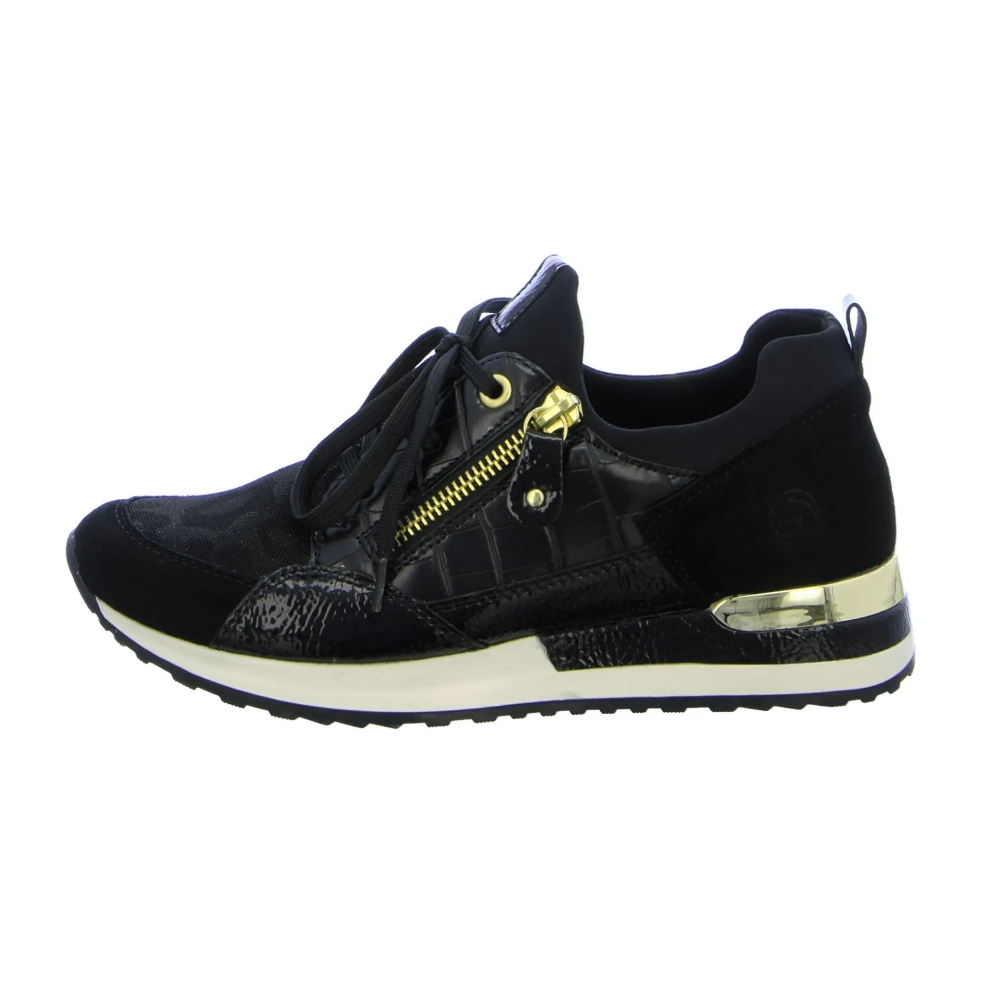 Remonte Black Women's Sneakers with Croc Pattern and Gold Accents