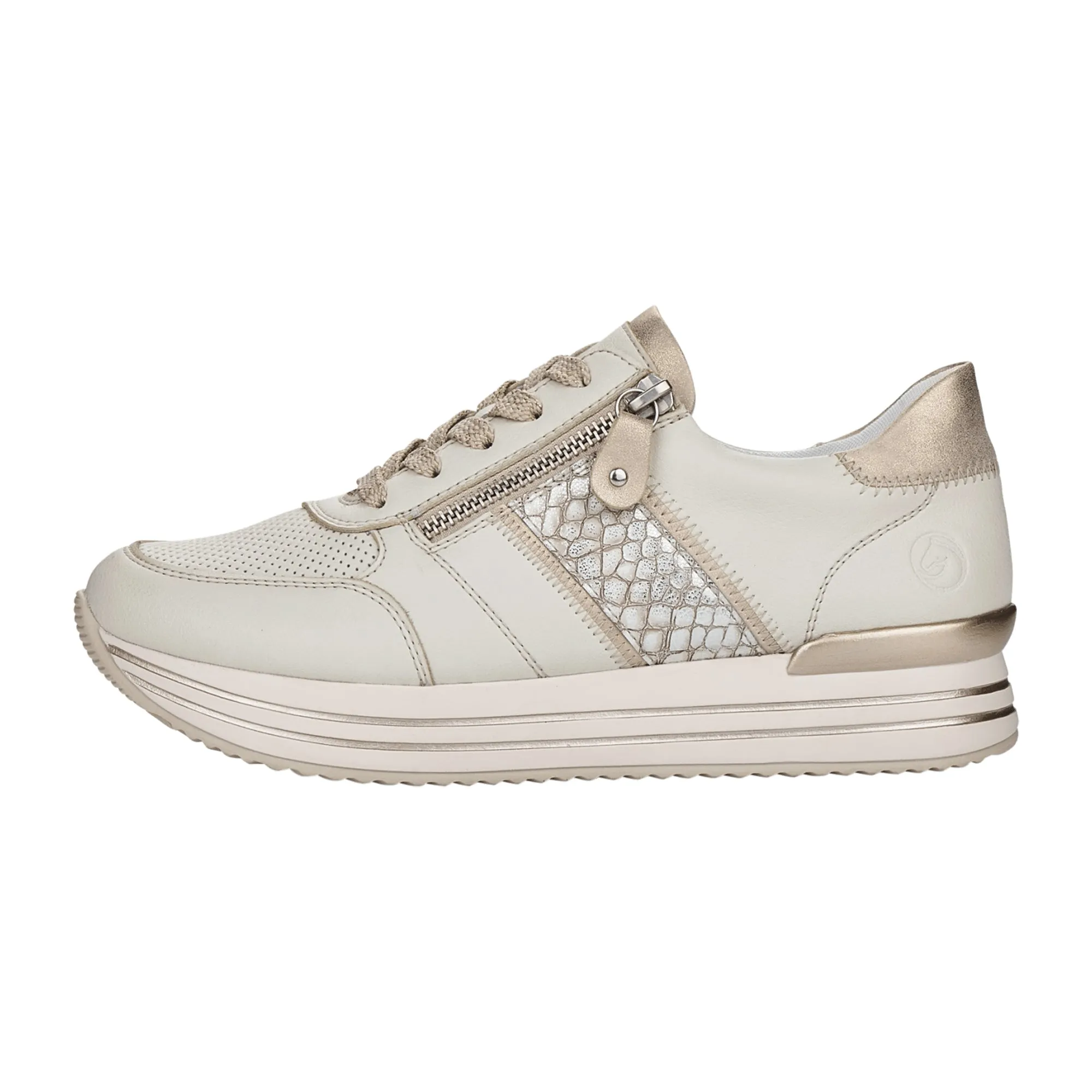 Remonte FS Women's Beige Leather Mix Sneakers with Zip and Laces