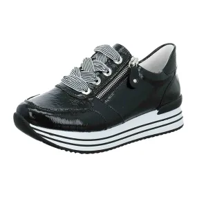 Remonte Women's Black Patent Leather Sneakers with Zip and Laces