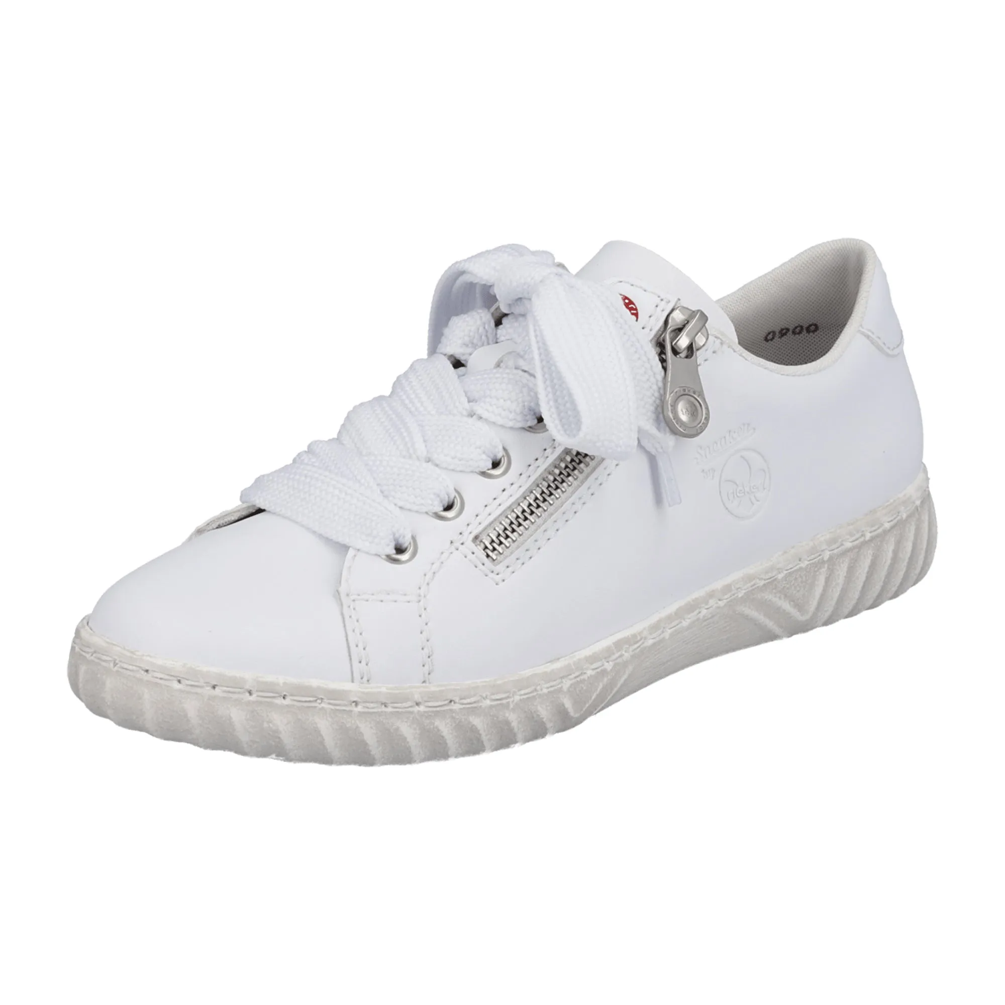 Rieker White Leather Women's Sneakers with Zipper and Laces Comfortable Sole