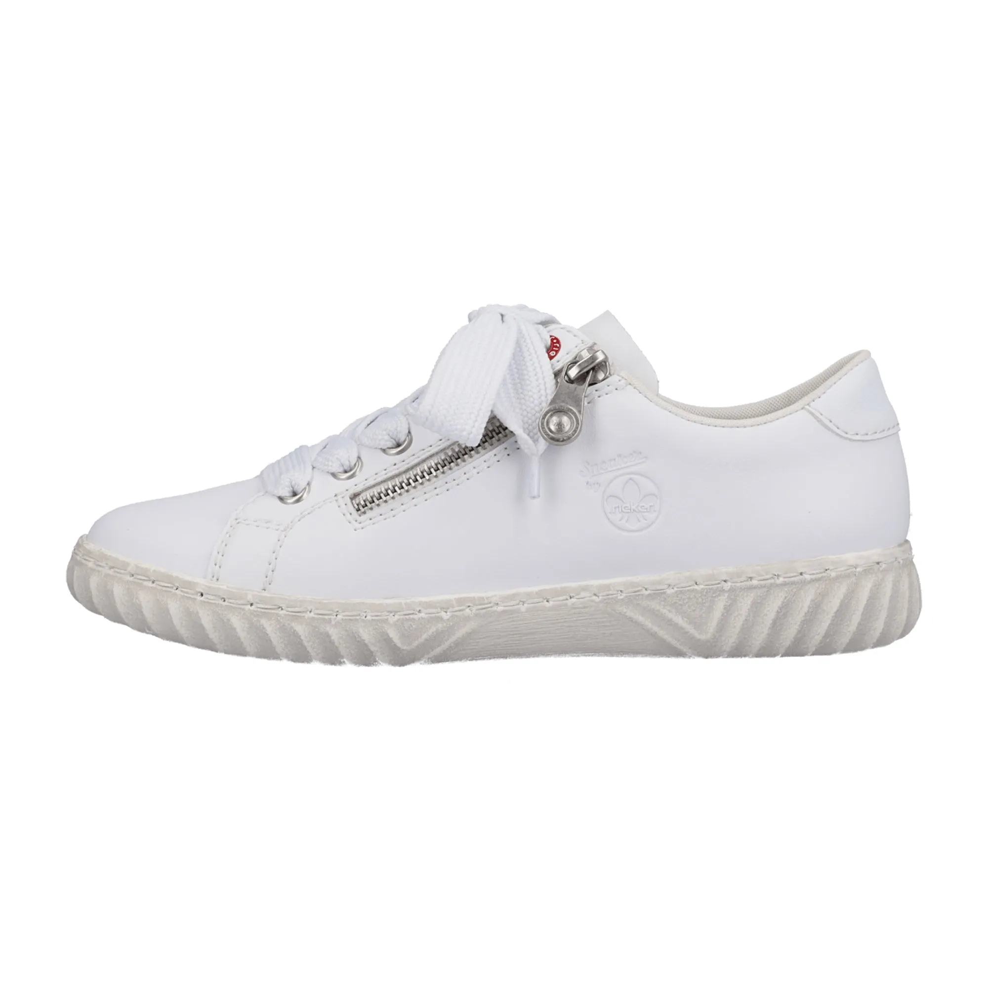 Rieker White Leather Women's Sneakers with Zipper and Laces Comfortable Sole