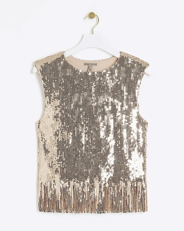 Rose gold sequin fringe vest top