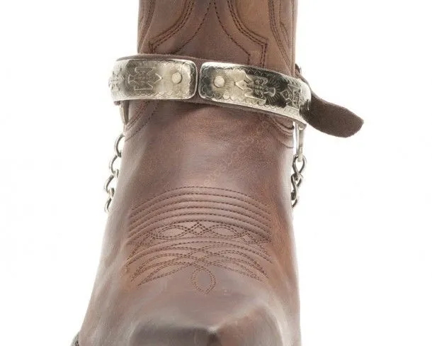 Sendra brown leather cowboy boot straps with Navajo style engraved mosaic