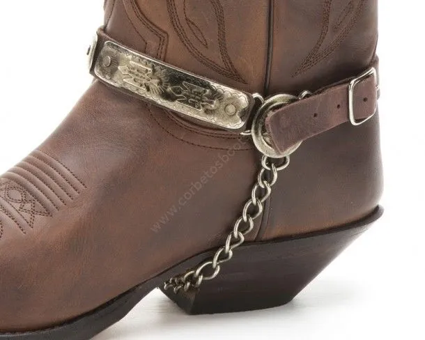 Sendra brown leather cowboy boot straps with Navajo style engraved mosaic