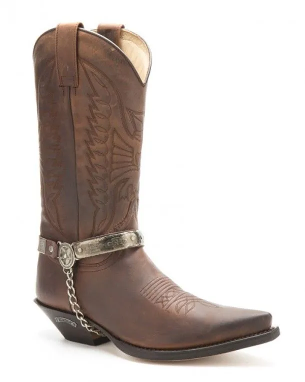 Sendra brown leather cowboy boot straps with Navajo style engraved mosaic