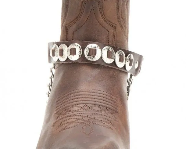 Sendra brown leather western boot straps with rounded shiny engraved conchos