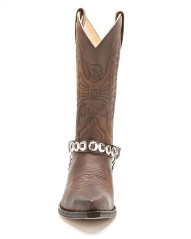 Sendra brown leather western boot straps with rounded shiny engraved conchos