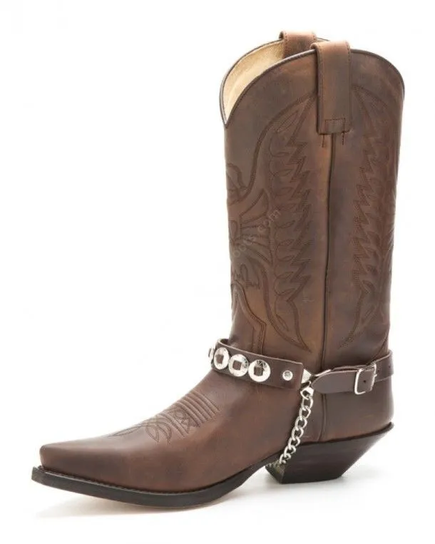 Sendra brown leather western boot straps with rounded shiny engraved conchos