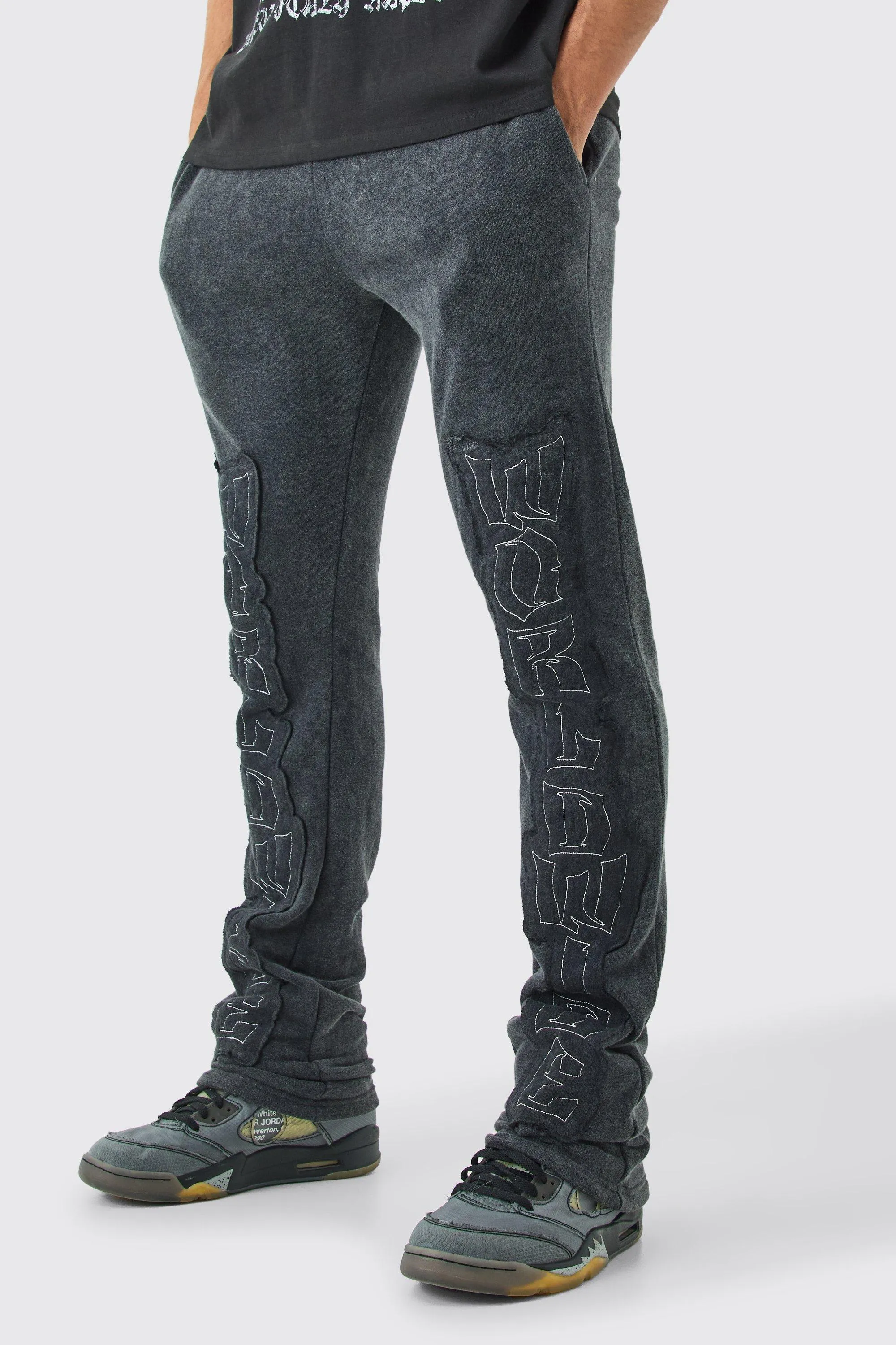 Slim Flared Worldwide Raw Edge Applique Joggers | boohooMAN UK