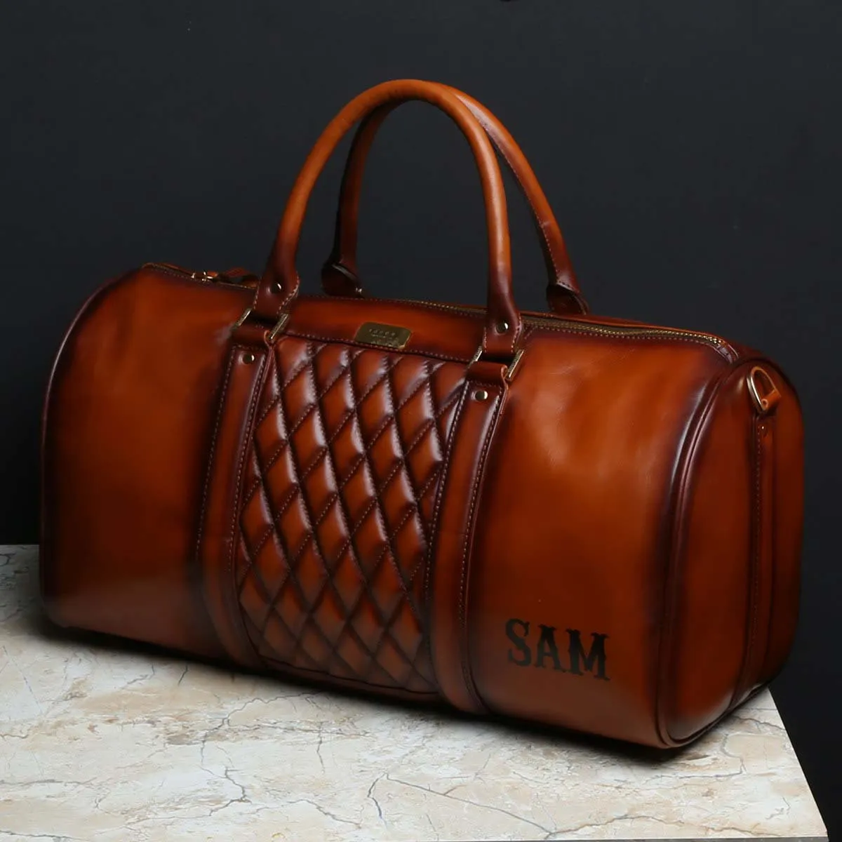 Tailored Tan Leather Cushioned Stitched Duffle Bag with Name Initials SAM by Brune & Bareskin