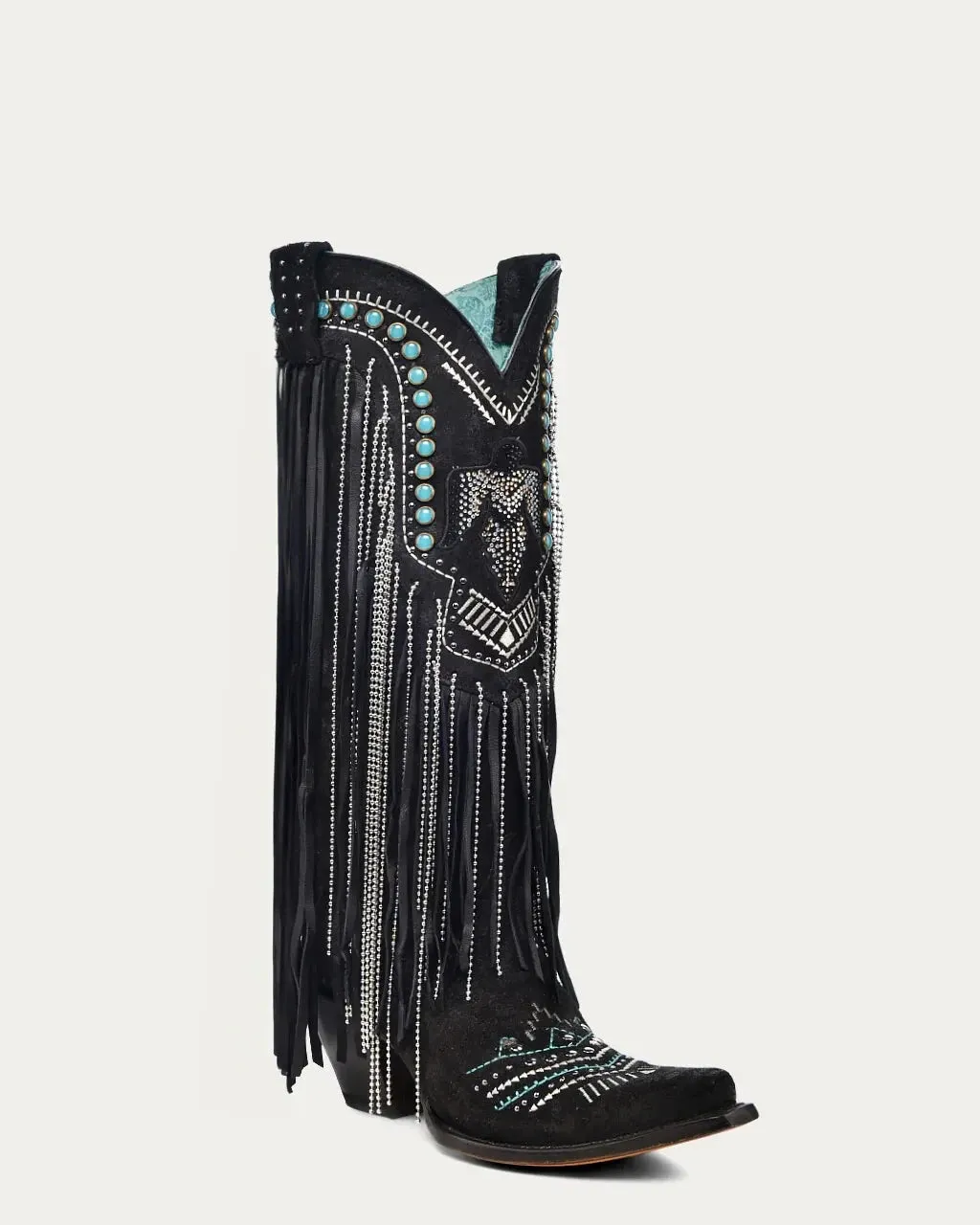 Tall Black Fringe And Crystals Boot