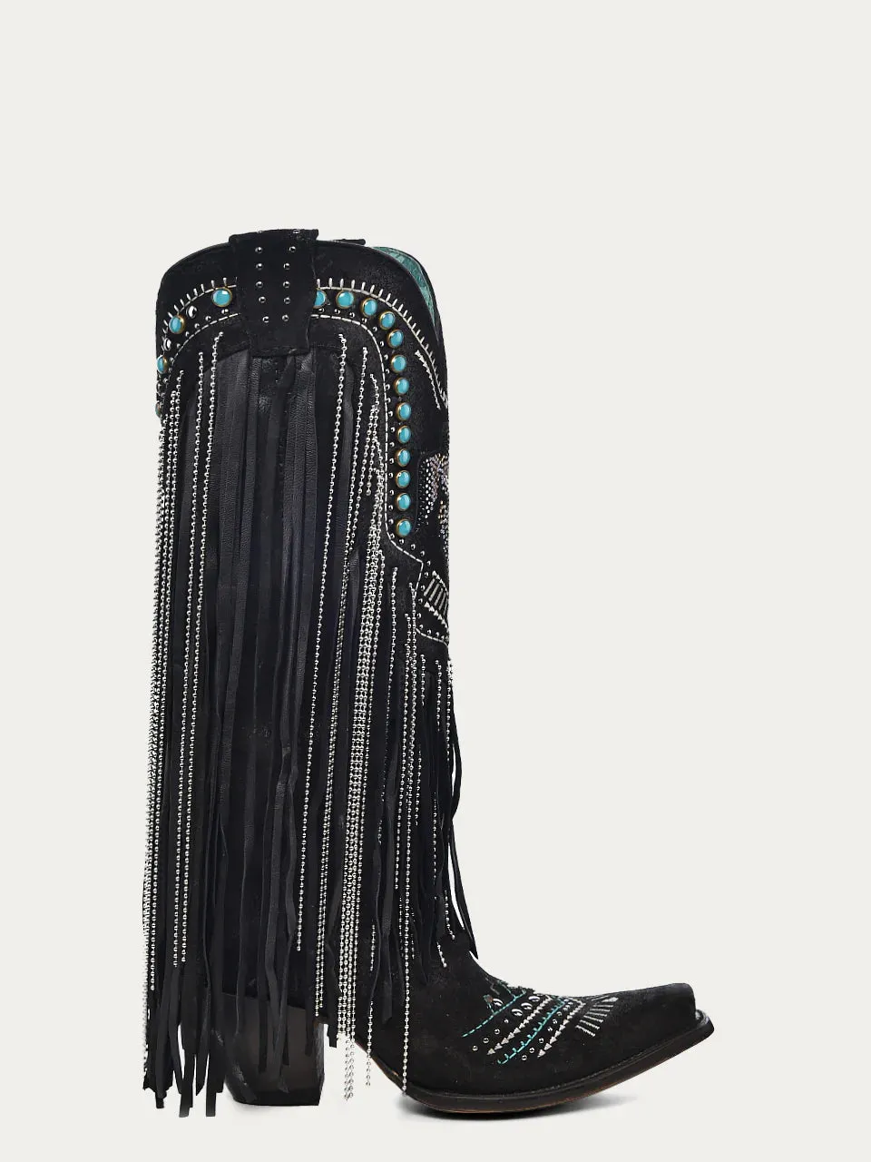 Tall Black Fringe And Crystals Boot