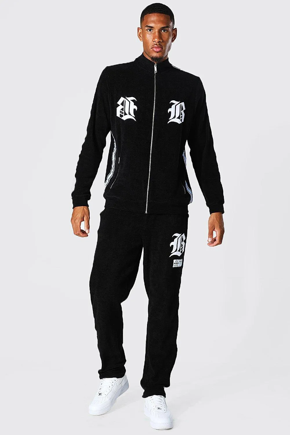 Tall Varsity Funnel Neck Towelling Tracksuit | boohooMAN UK