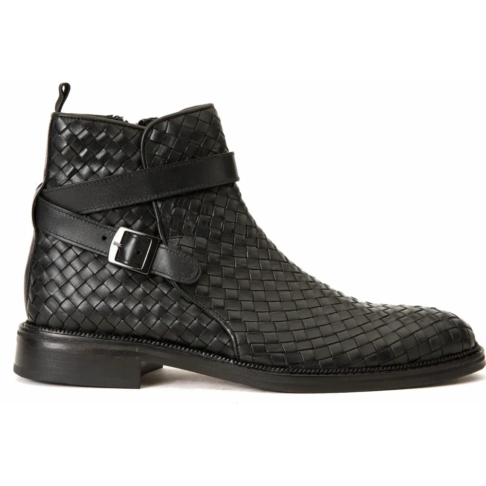 Vinci Leather The Morral Black Handwoven Leather Cross Strap Buckle Zip-up Boot (14552 S)